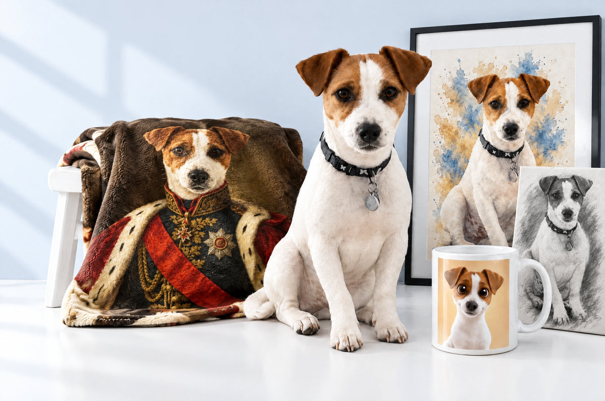 Un jack russell entouré de son portrait sur un plaid, un poster encadré, une toile et un mug