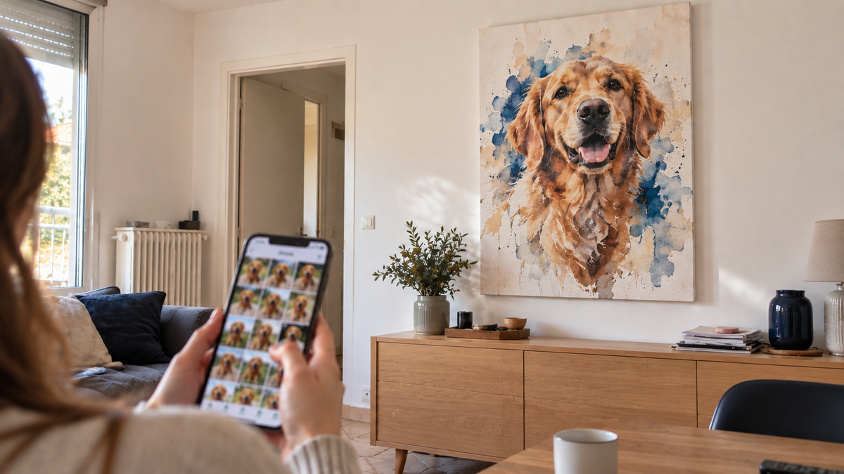 Une femme choisit une photo de son chien sur son téléphone, son portrait est accroché au mur