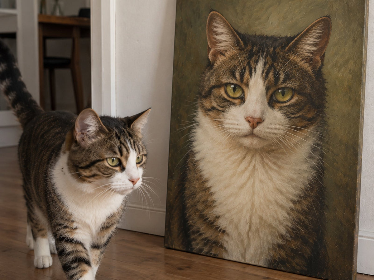 Un chat tigré passe devant son portrait réaliste sur toile