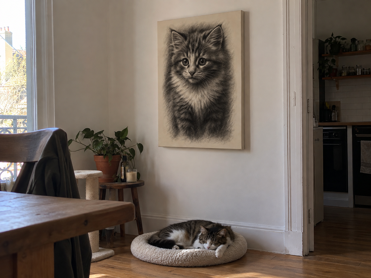 Portrait de chat façon fusain accroché au mur, le chat dort dans son panier