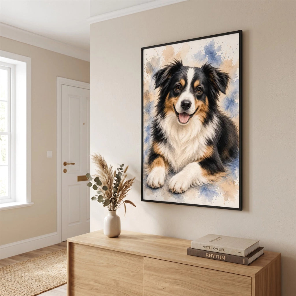Poster encadré au-dessus d'un meuble d'entrée