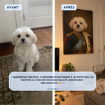 Avant / après : photo d'un bichon et son portrait royal en costume sur toile au mur du salon