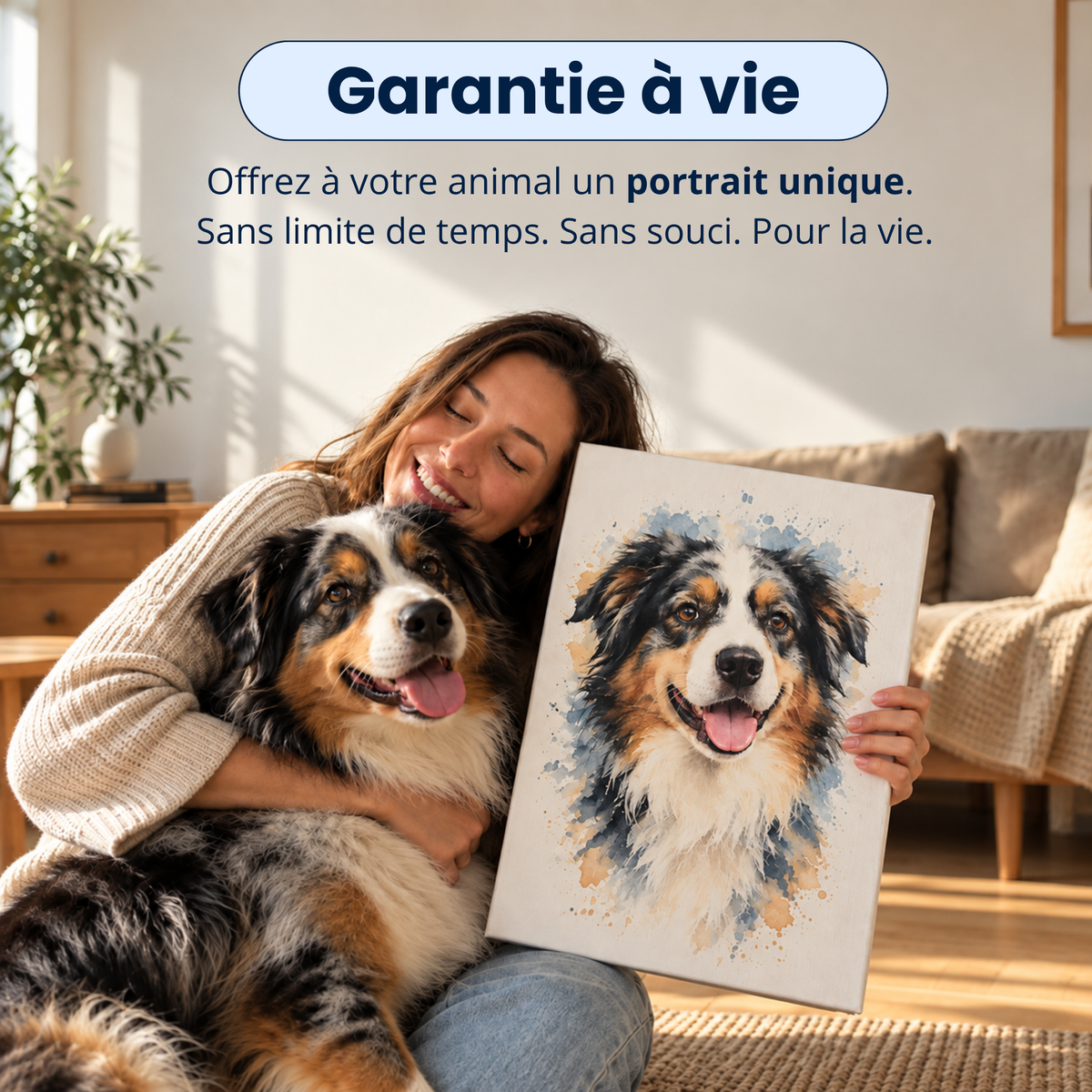 Garantie à vie : une femme et son chien avec leur portrait sur toile